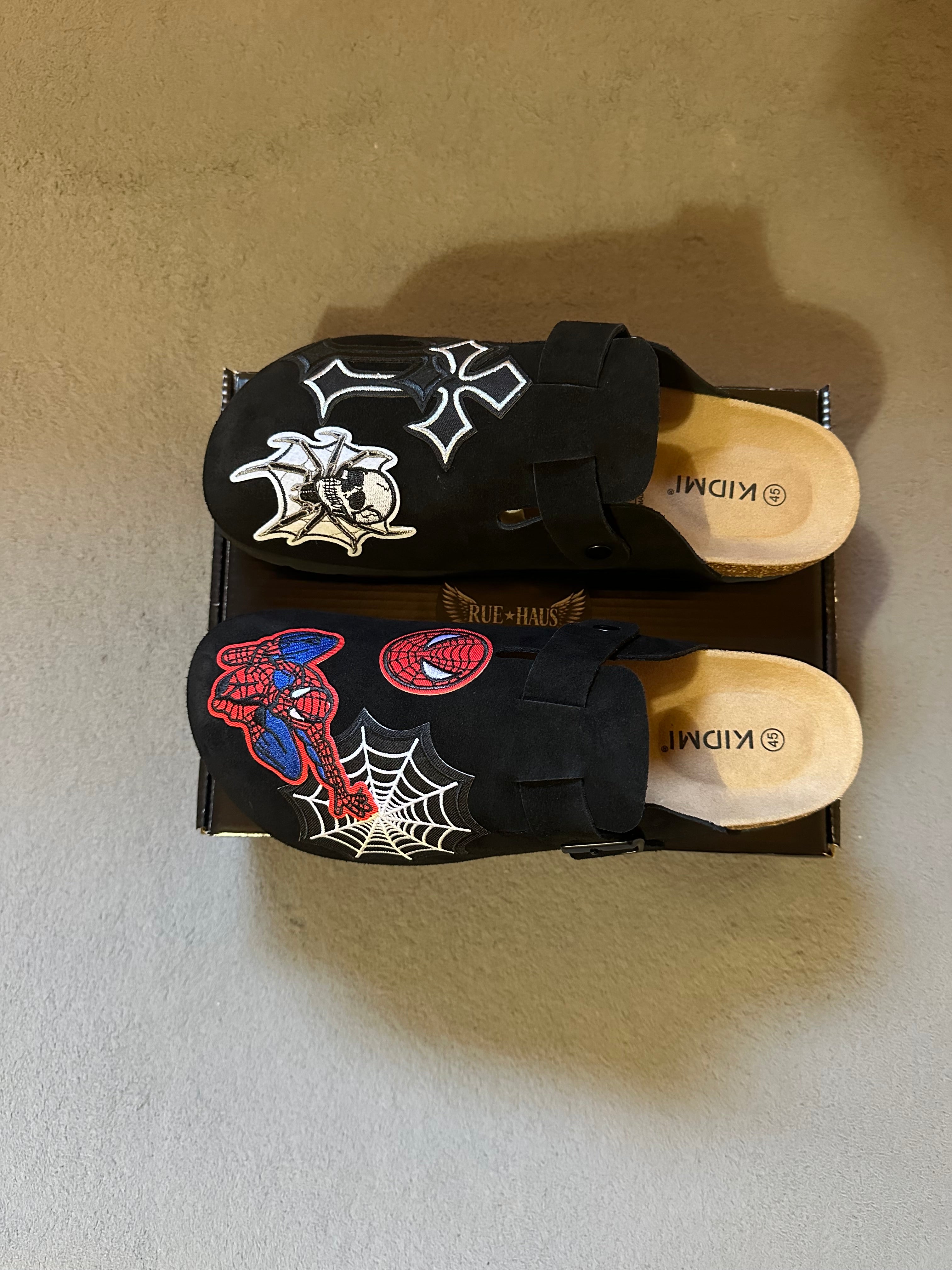 Custom Spider-Man Clogs – Black Suede Designer Clogs