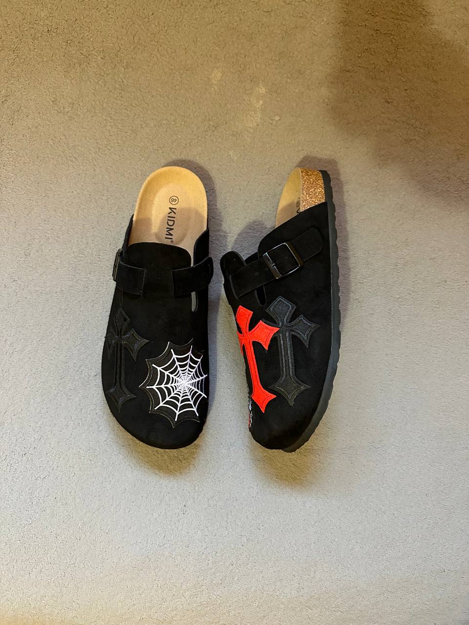 Custom Spider Cross Clogs – Black & Red Handmade Designer Slides