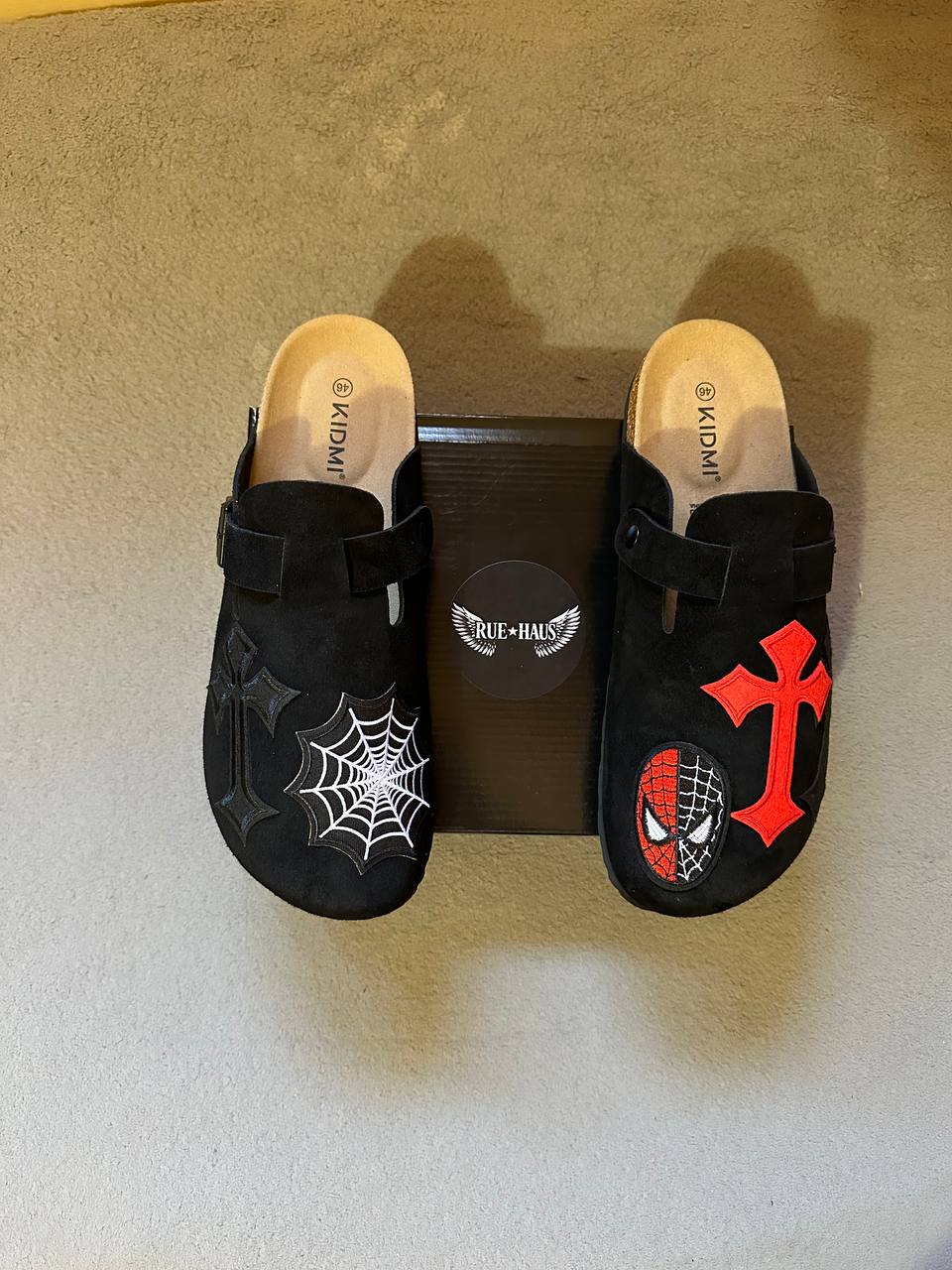 Custom Spider Cross Clogs – Black & Red Handmade Designer Slides