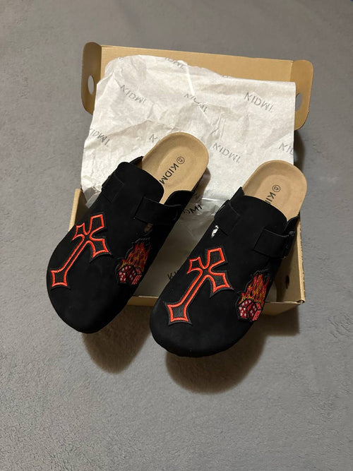 Custom Flame Dice Cross Patch Clogs