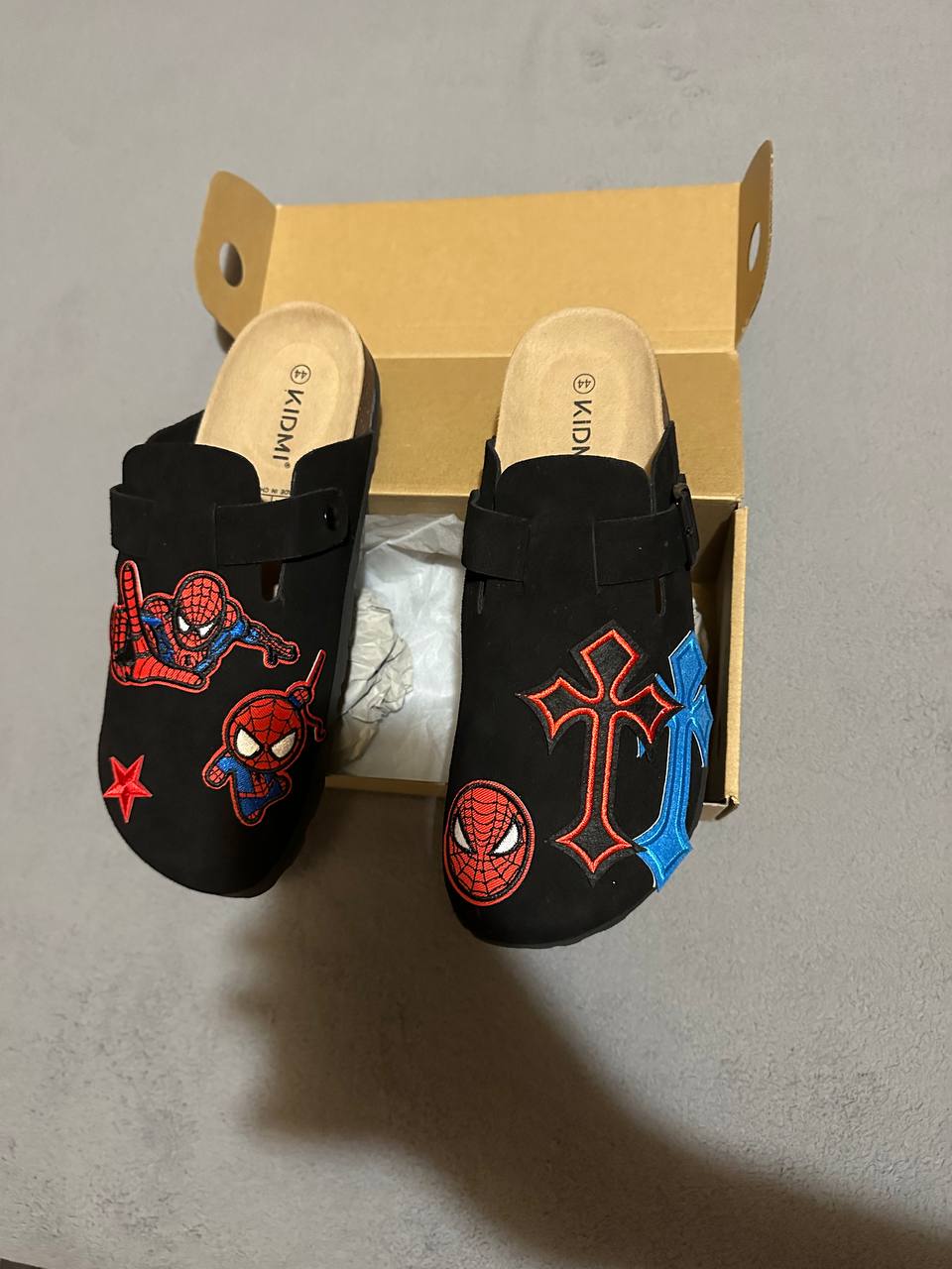 Custom Spider-Man Patch Clogs – Red & Blue Cross Design