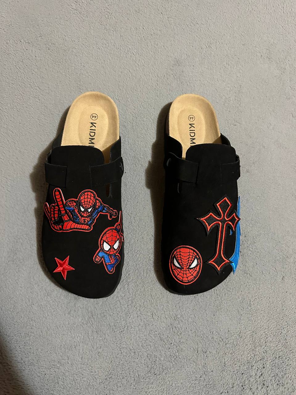 Custom Spider-Man Patch Clogs – Red & Blue Cross Design