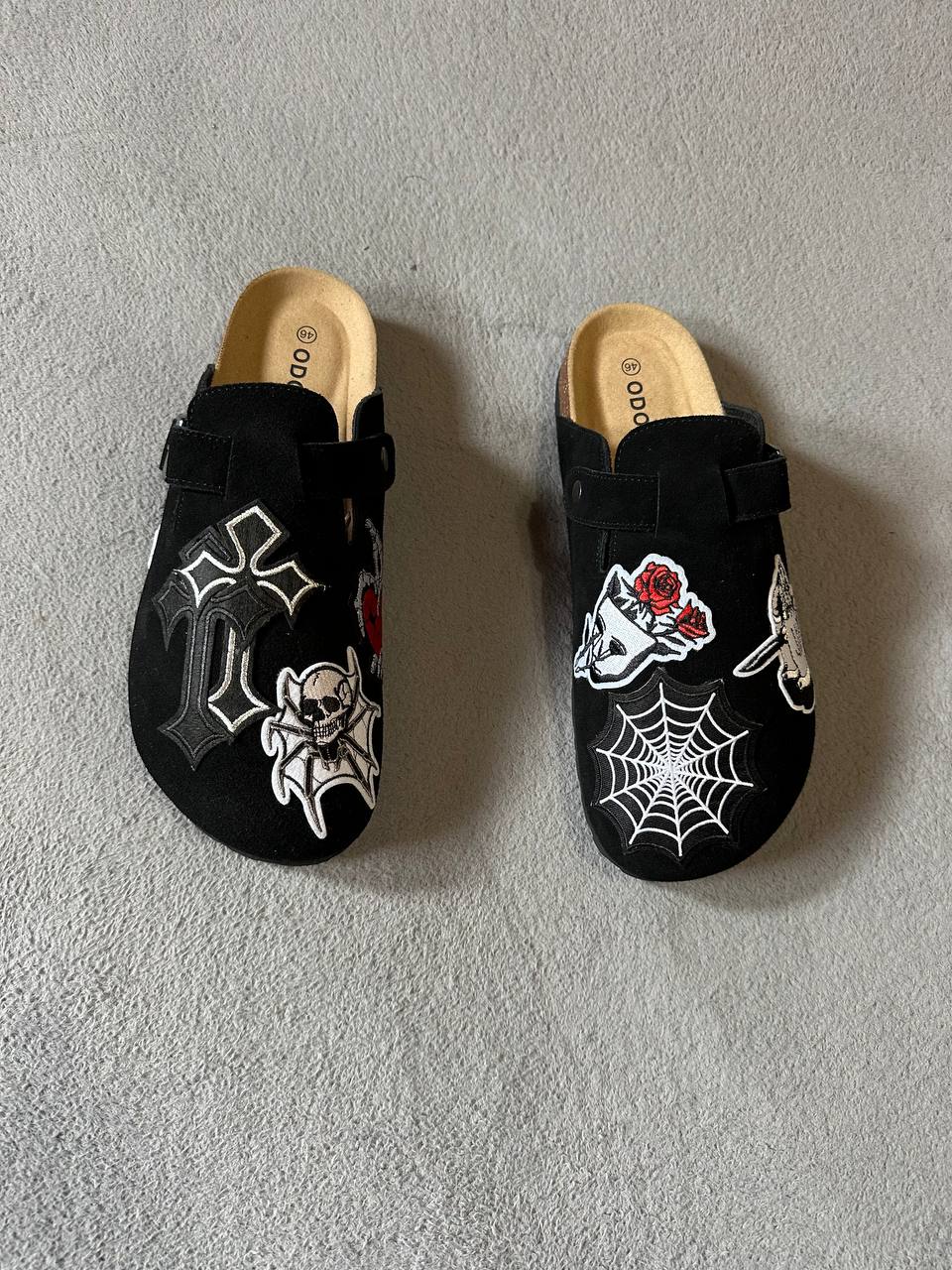 Custom Gothic Patch Clogs – Cross, Skull & Rose Design