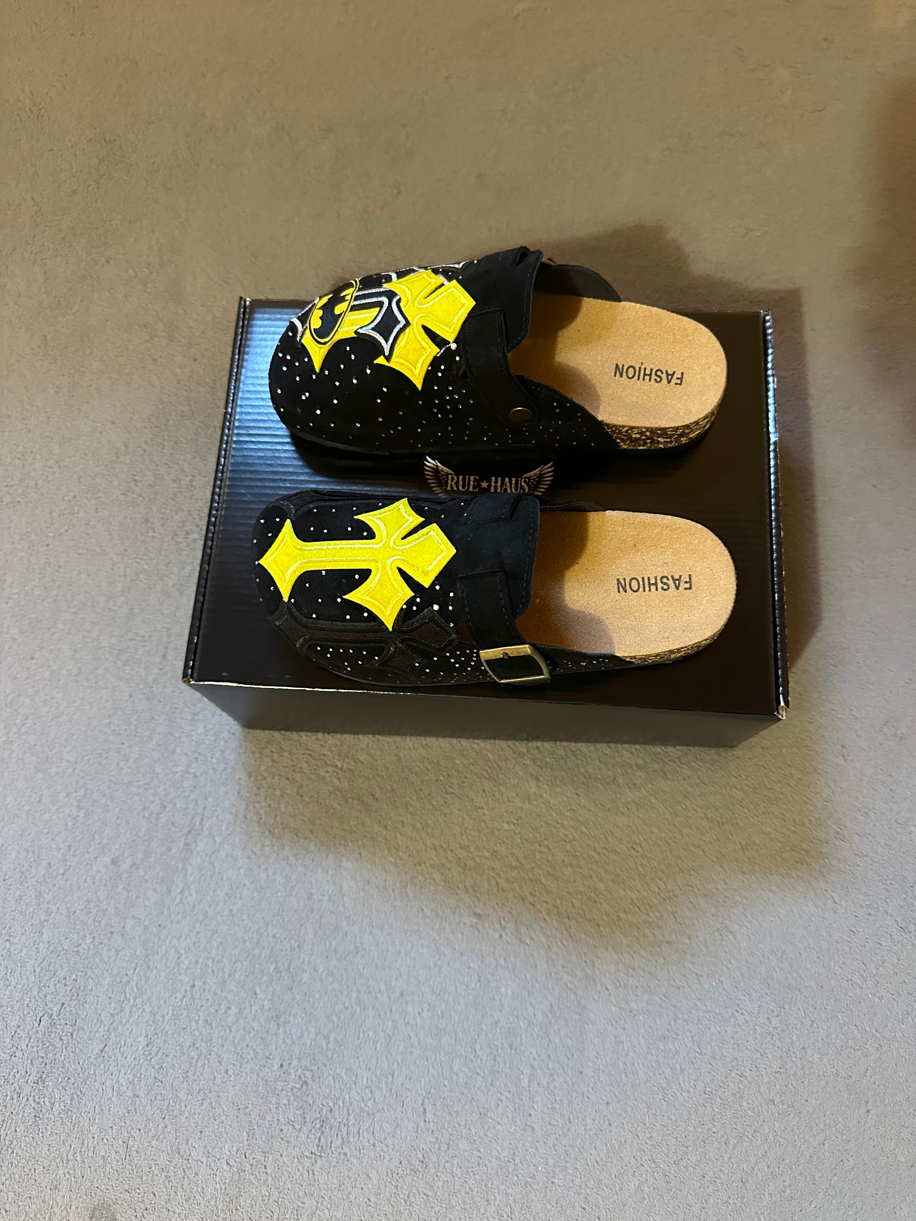 Batman Cross Custom Clogs – Black & Yellow Patch Design