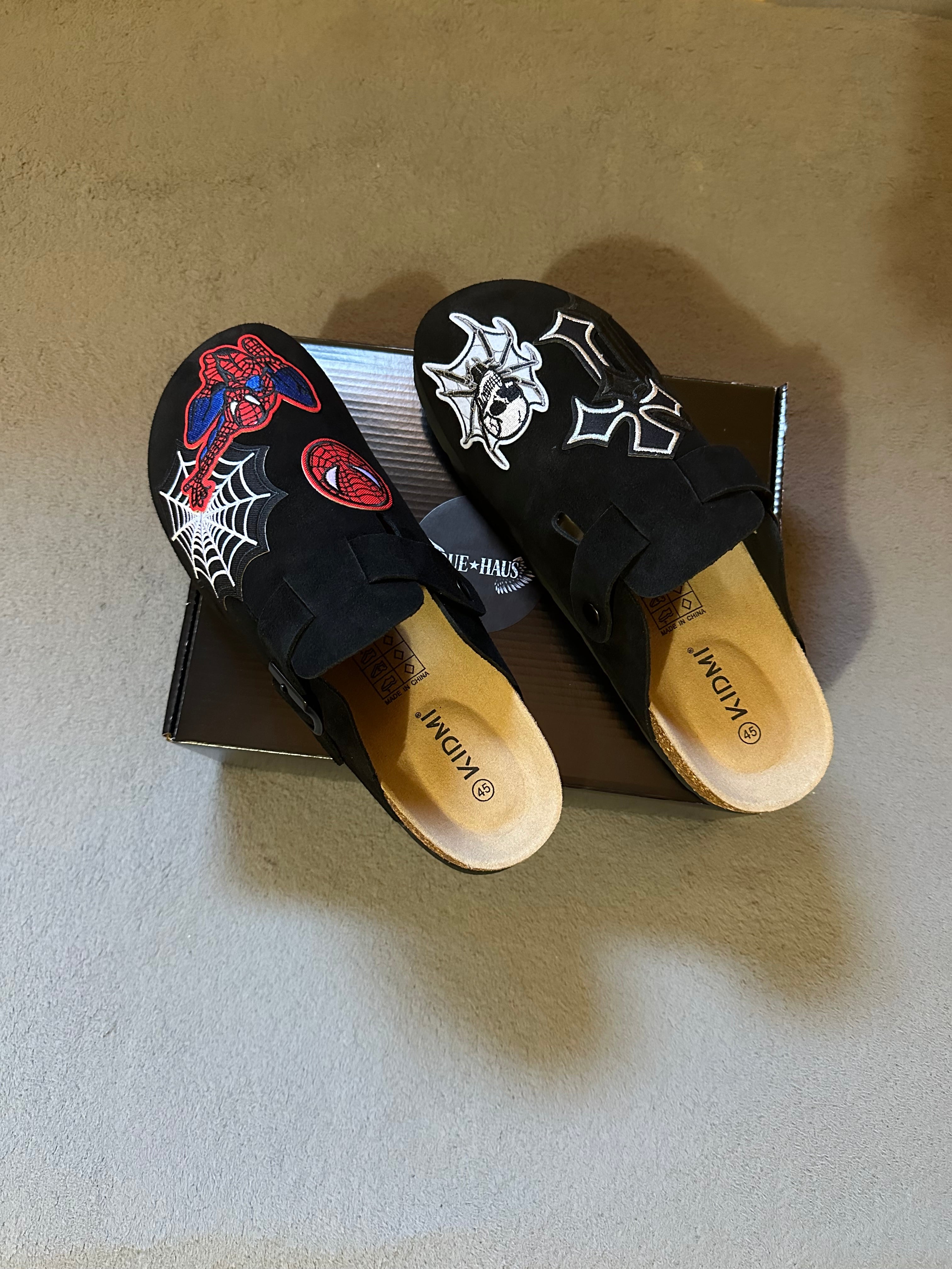 Custom Spider-Man Clogs – Black Suede Designer Clogs