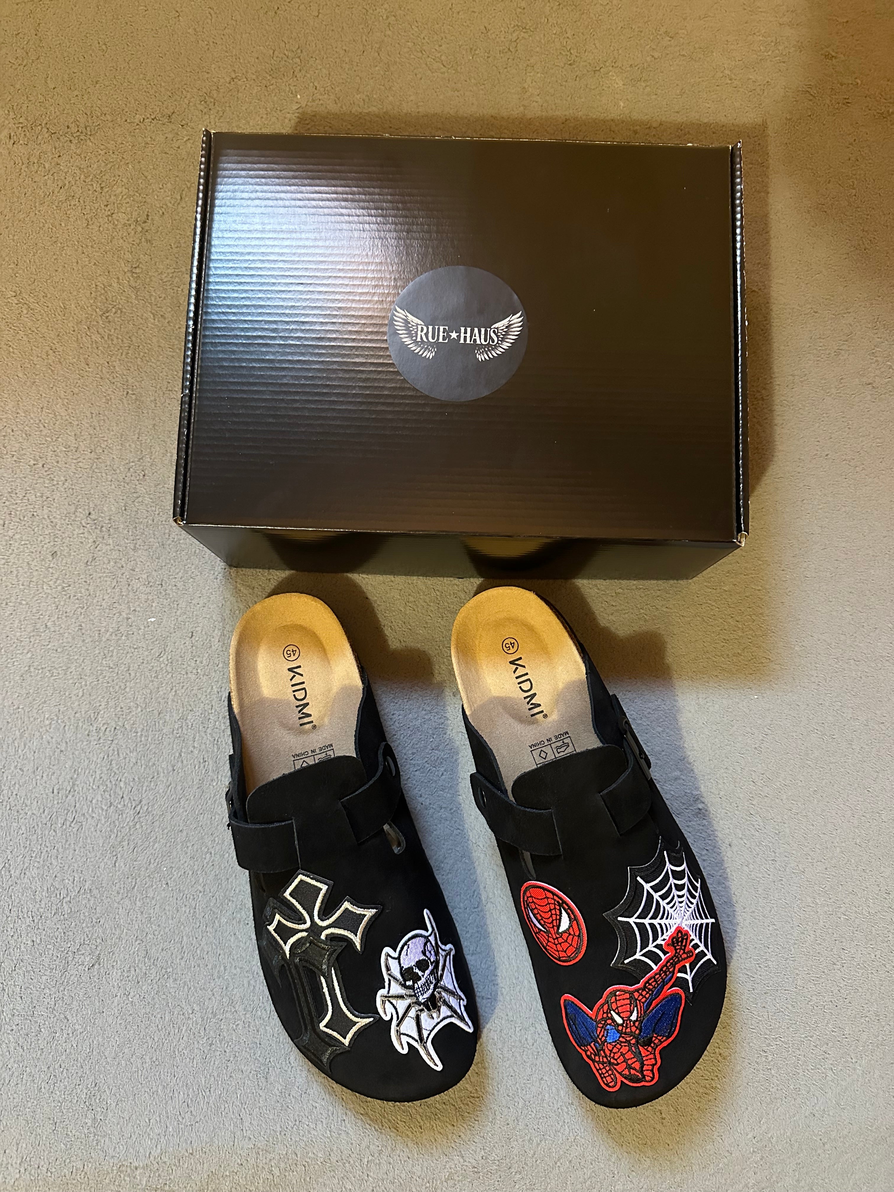 Custom Spider-Man Clogs – Black Suede Designer Clogs