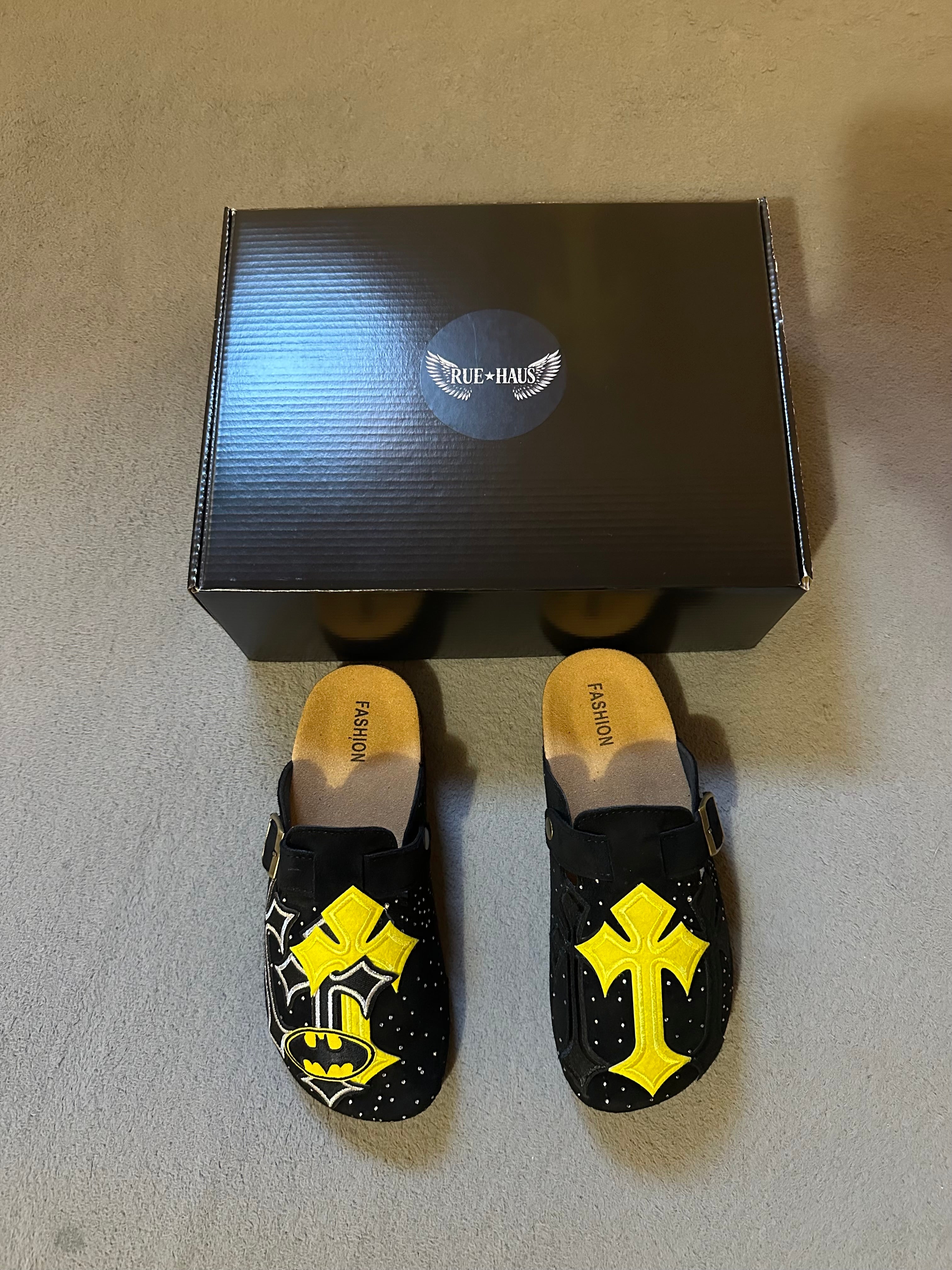 Batman Cross Custom Clogs – Black & Yellow Patch Design