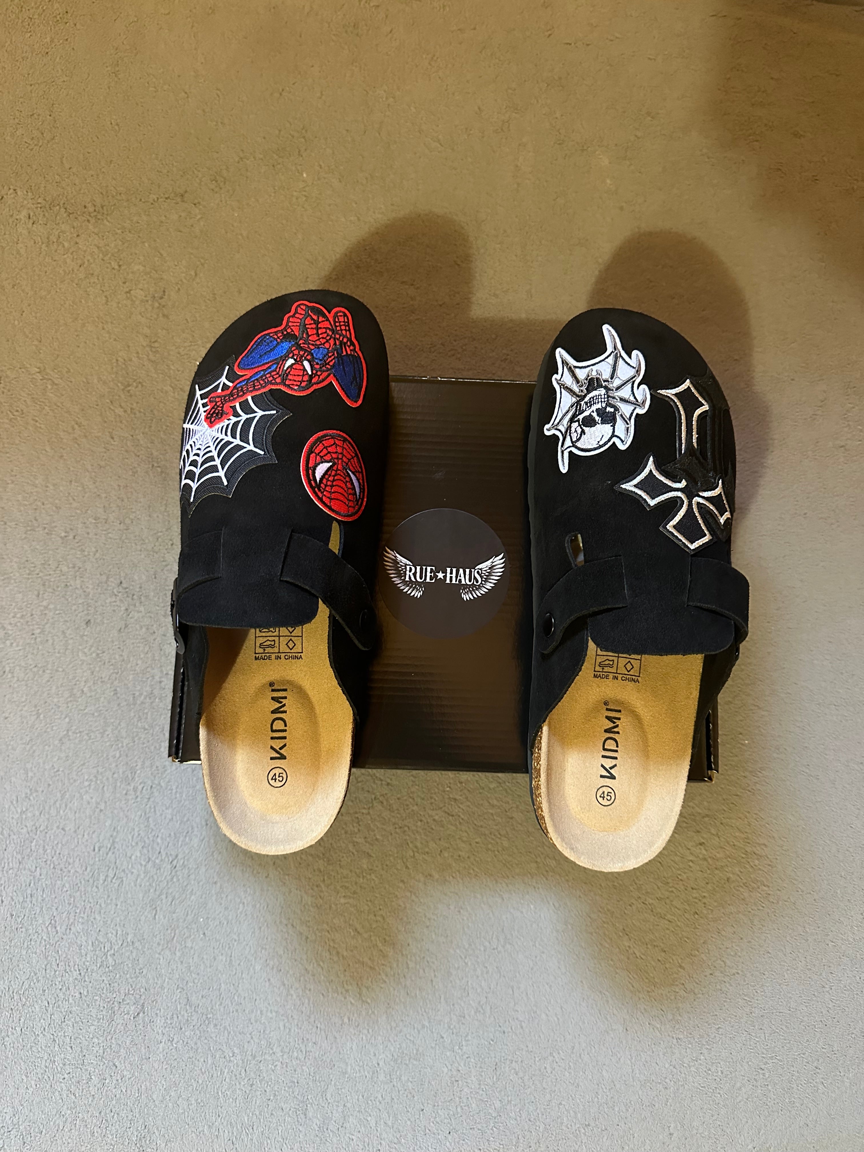 Custom Spider-Man Clogs – Black Suede Designer Clogs